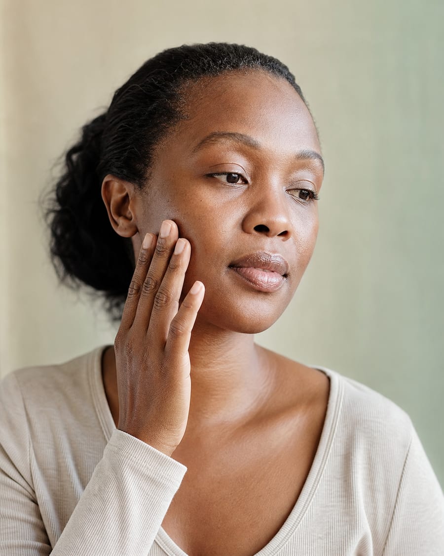 Adult gently touching her cheek while considering a skin concern